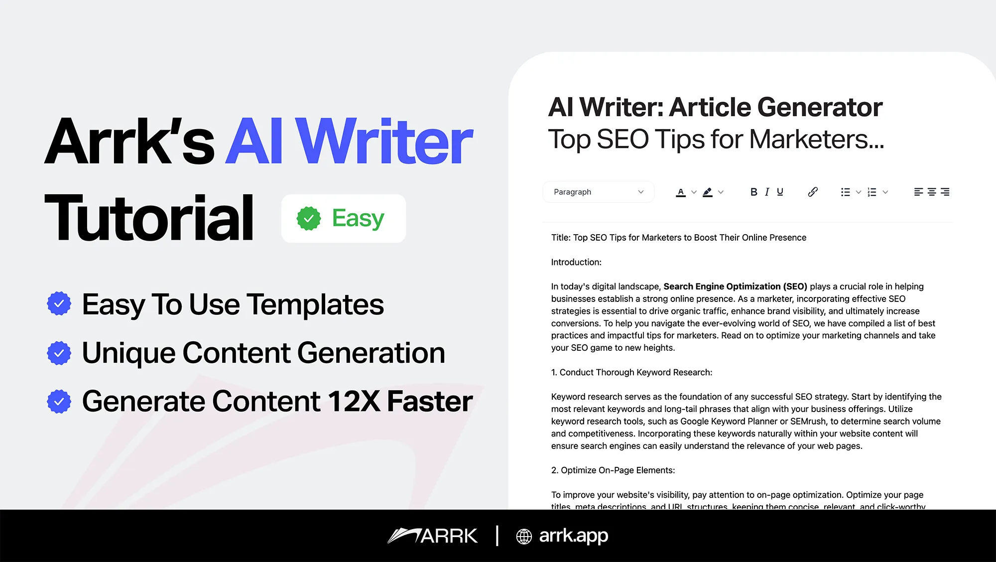 Using Arrk's AI Writer tool